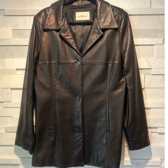 LADY HATHAWAY 90's Vintage Genuine Leather Lined Trench Coat Jacket Black L Y2k - Picture 1 of 6